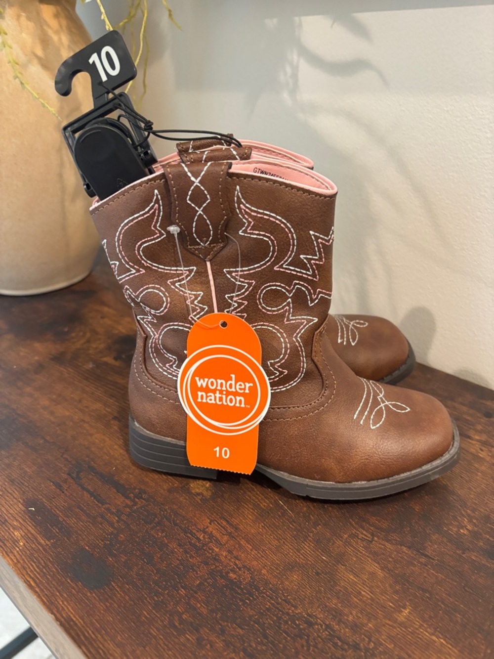 wonder nation Brown Girls Cowboy Boots with White Stitching